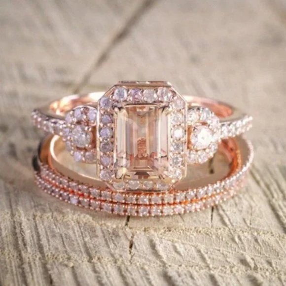 *NEW 18K Rose Gold Diamond Morganite 3PC Ring Set - Picture 3 of 4